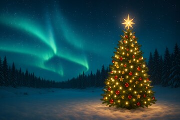 Noel's Aurora: a festive Christmas tree illuminated with dazzling ornaments and a brilliant star, standing against the backdrop of a mesmerizing aurora borealis dancing across the starlit sky.
