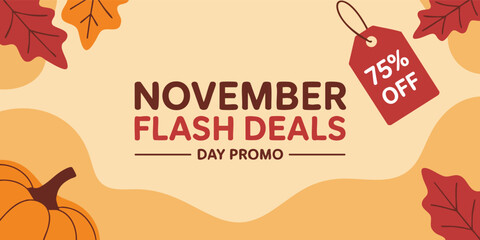 A fall promo graphic with text November Flash Deals tag with 75 off leaves  pumpkin on a cream background