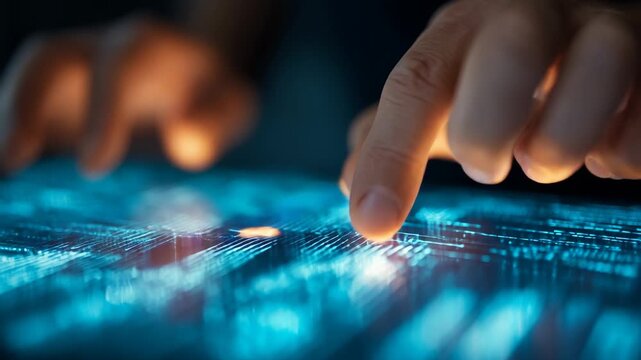 Medium shot of hands interacting with digital financial data on a touchscreen illustrating blockchain record keeping for secure transactions and transparent finance management.