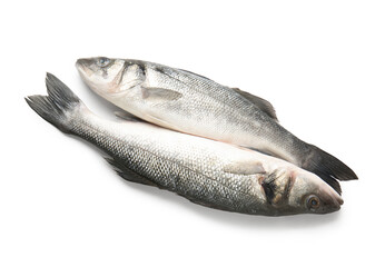 Fresh tasty seabass fish isolated on white background, closeup