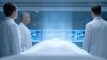 Medical researchers in laboratory discussing results near high-tech equipment, concept of healthcare, innovation and medical research.