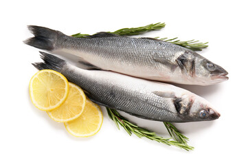 Fresh seabass fish, slices of lemon and rosemary twigs isolated on white background, closeup