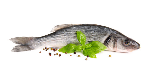 Fresh seabass fish with black peppercorns and basil leaves isolated on white background, closeup