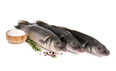Fresh seabass fish with black peppercorns, rosemary twigs and bowl with salt isolated on white background, closeup