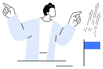 Professional pointing confidently, growth arrows rising, and a milestone flag. Ideal for leadership, success, goal setting, achievement, motivation career growth teamwork. Simple flat metaphor