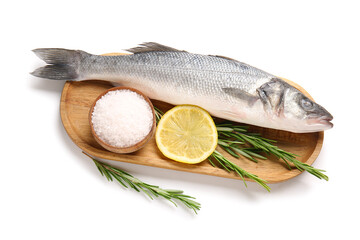 Board, fresh uncooked sea bass fish, rosemary twigs and bowl with salt isolated on white background, closeup