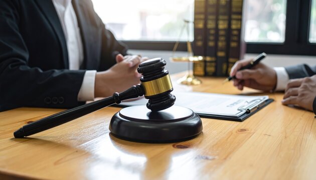 Justice in Session: Focused shot of a gavel on a wooden desk, placed during a legal discussion between two people, signifying the importance of law and order
