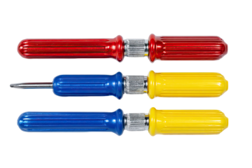 Three colored screwdrivers, arranged vertically.  Each features a ribbed,  handle with a  metal shaft.  Red, blue, and yellow color variations