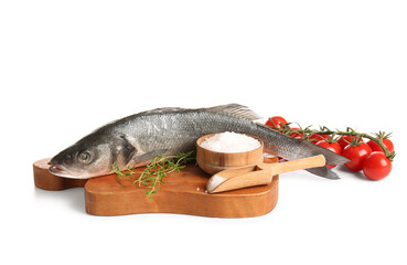 Board, fresh sea bass fish, tomatoes and bowl with salt isolated on white background, closeup