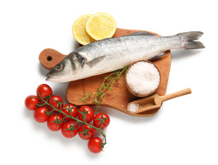 Board, fresh sea bass fish, tomatoes and bowl with salt isolated on white background, closeup
