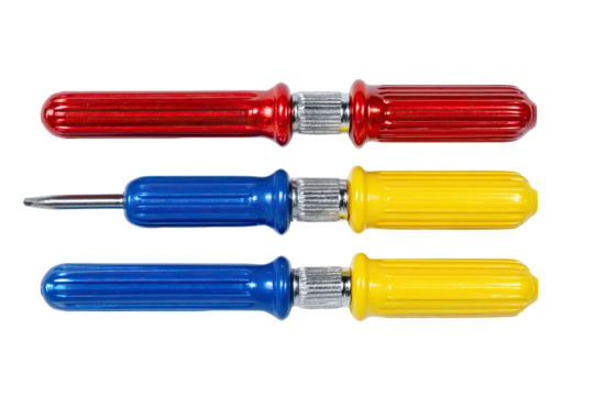 Three colored screwdrivers, arranged vertically.  Each features a ribbed,  handle with a  metal shaft.  Red, blue, and yellow color variations