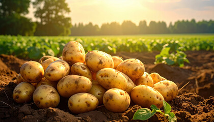 Freshly harvested potatoes piled on rich soil in sunlit field with green plants and trees in background, evoking warm and natural agricultural scene