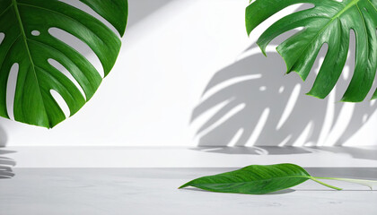 Green tropical leaves with natural sunlight and shadow on white background, creating fresh and calm atmosphere with minimalistic style and vibrant color