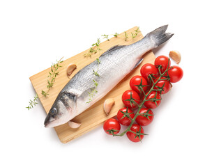 Board with fresh sea bass fish, thyme twigs and tomatoes isolated on white background, closeup