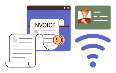 Digital invoice with rolled paper and coin, identification card, and wireless signal representing online payment, authentication, and connectivity. Ideal for finance, e-commerce, technology, identity