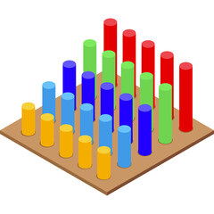 Isometric colorful cylindrical blocks arranged in a grid pattern on a brown base representing a chart or data visualization with a simple background.