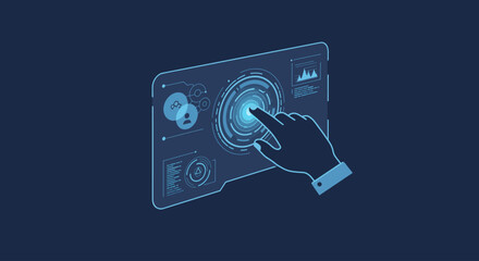 A hand interacts with a futuristic, glowing touch screen interface, displaying data and digital elements.