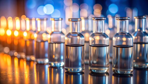 Frascos de vidrio alineados en laboratorio con fondo iluminado en tonos azules y dorados, concepto científico y farmacéutico