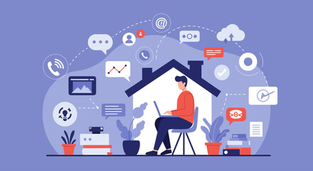 A person working remotely from home, connected to digital network, using laptop.