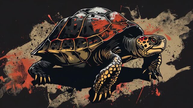 High-resolution digital artwork of a turtle with dramatic shell markings and splashes of red.