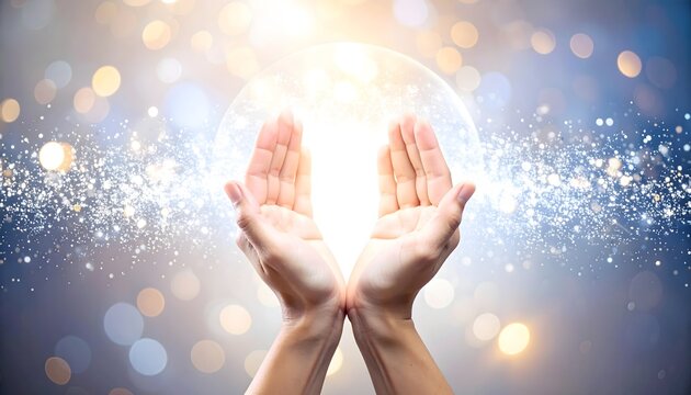 Manos abiertas sosteniendo luz brillante y destellos de energ&iacute;a, concepto espiritual de esperanza, sanaci&oacute;n y energ&iacute;a positiva