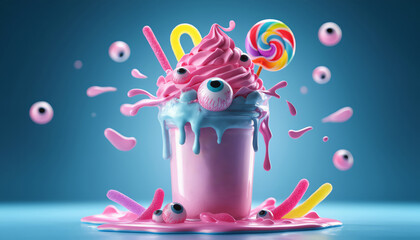 Whimsical pink monster milkshake with candy and eyeballs on blue background.