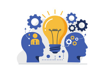 Two stylized heads face each other, connected by dotted lines, with a lightbulb and gears representing ideas and teamwork.
