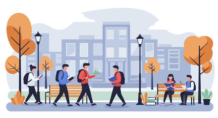 Students walking and sitting on benches in a university campus park, reading books and using a tablet.