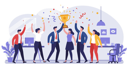 A group of business professionals celebrating success, holding a trophy, with confetti.