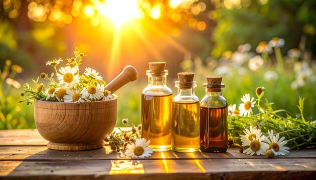 Aceites esenciales naturales con flores de manzanilla sobre mesa de madera iluminada por la luz del atardecer, escena relajante y ecol&oacute;gica