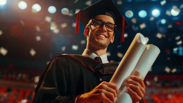 A young man holding a diploma proudly at his graduation ceremony.