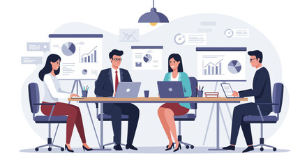 A business meeting with four professionals sitting around a table, analyzing charts and graphs on laptops and whiteboards.