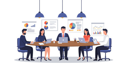 Business meeting illustration with five people sitting around a table with laptops, charts, and hanging lights.