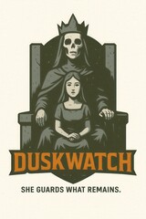 Grim reaper and maiden sit on throne, symbolic illustration.