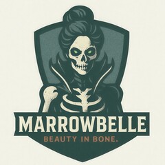 Skeleton woman with glowing eyes and vintage hairstyle forms a crest.
