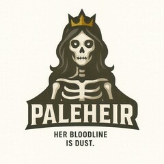 Skeleton queen with dark hair and a crown wears a cloak.