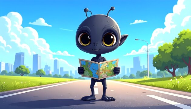 Divertido alienígena con grandes ojos sosteniendo un mapa en medio de la carretera, ilustración colorida de estilo cartoon con fondo urbano