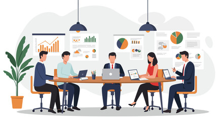 Business team meeting around a table, reviewing data and charts, discussing strategy.