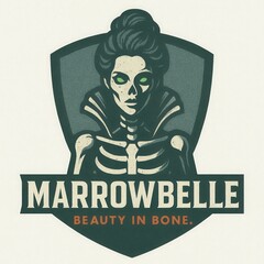 Skeleton woman with green eyes in vintage crest emblem.