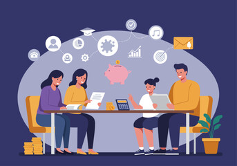 A family sits around a table, reviewing documents and planning finances, with icons overhead.