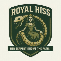 Skeleton queen entwined with serpent in emblem design.