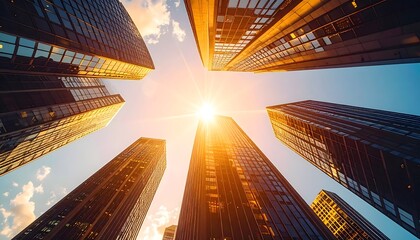 Rascacielos modernos iluminados por el sol al amanecer, arquitectura urbana contemporánea con perspectiva ascendente y cielo despejado