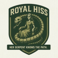 Skeleton queen with crown on throne wrapped by snake.