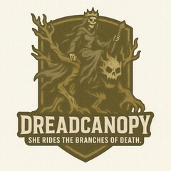 Skeleton queen rides a monster creature through dead branches.