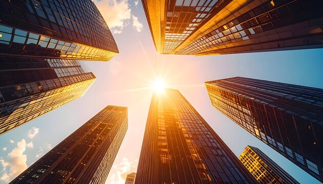 Rascacielos modernos iluminados por el sol al amanecer, arquitectura urbana contempor&aacute;nea con perspectiva ascendente y cielo despejado