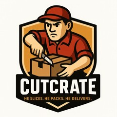 Delivery worker cuts open a package with a knife inside a shield.