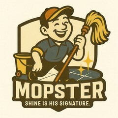 Cheerful cleaner with a mop and bucket creates a shining surface.