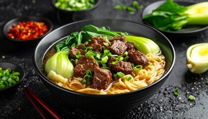 Fototapeta premium Chinese Beef Noodle Soup with braised beef, wheat noodles and bok choy