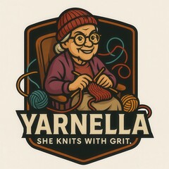 Elderly woman happily knitting a garment with colorful yarn balls and needles.