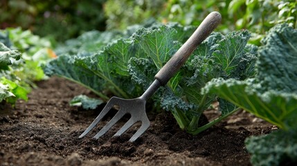 Gardening fork in soil beside kale
